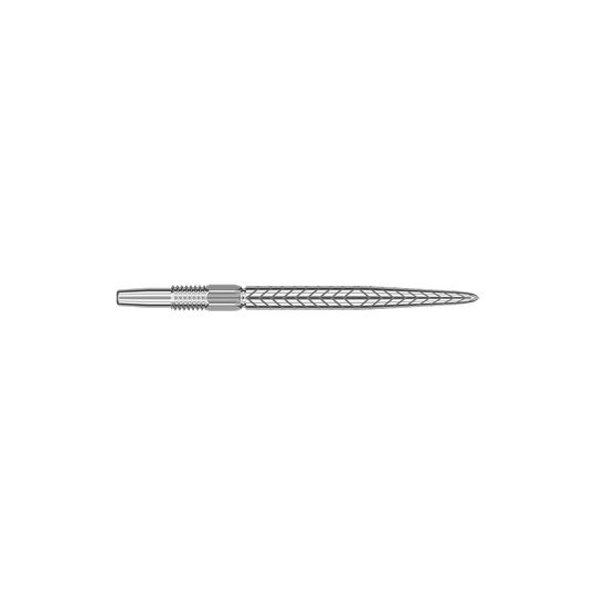 Target Swiss Point RVE Dartspitzen - Silber Dies ist eine silberne Dartspitze mit einem feinen Rillenmuster. Sie ist lang und schmal, ideal für Präzisionswürfe.