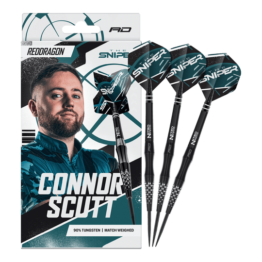 Das Foto präsentiert Red Dragon Connor Scutt The Sniper Steeldarts - 22g. Diese Darts sind ideal für ambitionierte Dartspieler.