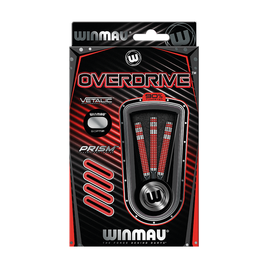 2429_Winmau_Overdrive_Softdarts_3TE2RVvS6TKyDy Das Bild zeigt die Verpackung der "Winmau Overdrive Softdarts - 20g". In der Verpackung sind drei hochwertige Softdarts mit roten und silbernen Details zu sehen.