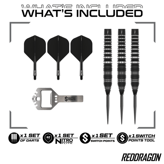 Ocelové šipky Red Dragon Sable Torpedo Switch Point Hier sind Red Dragon Sable Torpedo Switch Point Steeldarts zu sehen. Diese Darts zeichnen sich durch ihre Torpedo-Form aus.