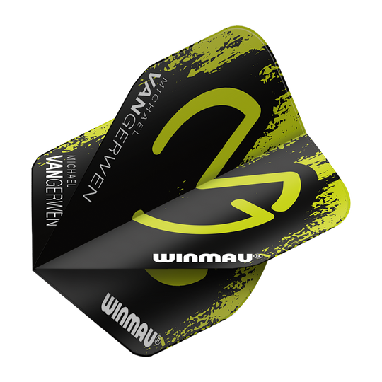 6900-234_Winmau_Mega_MvG_Green_Black_Standard_Flights_2 Winmau Mega MvG Green Black Standard Flights sind grafisch gestaltet. Die Flights liegen nebeneinander.
