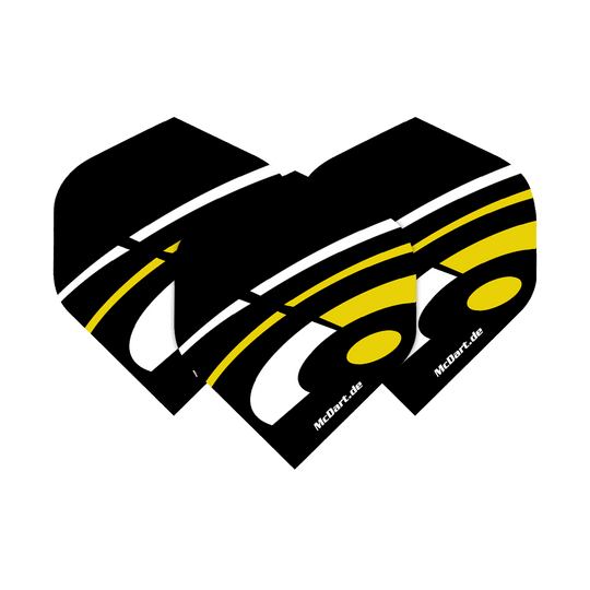 Voli standard McDart ID - Giallo Das Bild zeigt drei McDart ID Standard Flights in der Farbe Gelb. Die Flights haben ein schwarzes Design mit weißen und gelben Akzenten sowie dem Schriftzug "McDart.de".