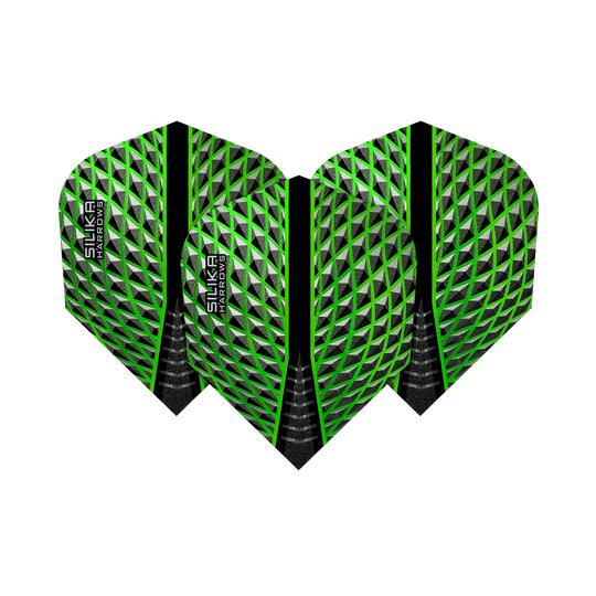 HR57_Harrows_Silika_Green_No6_Flights_1735dATSWsZCvG Harrows Silika Green No6 Flights. Das Foto zeigt Dartflights mit auffälligem Muster.