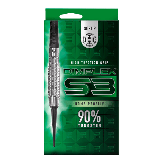 Freccette morbide Harrows Dimplex S3 Bomb Das Bild zeigt eine Verpackung der "Harrows Dimplex S3 Bomb Softdarts". Auf der Verpackung steht, dass die Darts eine hohe Grifftraktion haben und aus 90% Wolfram bestehen.