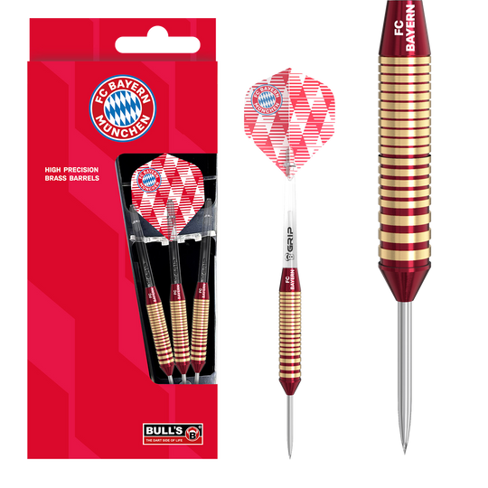 Šipky Bulls FC Bayern Mnichov mosazné ocelové - 21g Abgebildet sind die Bulls FC Bayern München Brass Steeldarts mit einem Gewicht von 21g. Das Produkt ist ideal für Fans des FC Bayern München und Steeldartspieler.