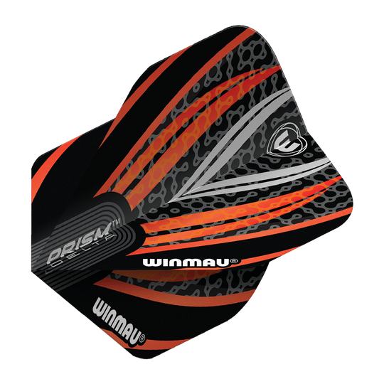 Letky Winmau Prism Delta černá bílá oranžová č. 2 standardní Das Bild zeigt ein Winmau Prism Delta Flight in den Farben Schwarz, Weiß und Orange. Das Flight hat ein modernes, auffälliges Muster mit dem Winmau-Logo und Schriftzug.