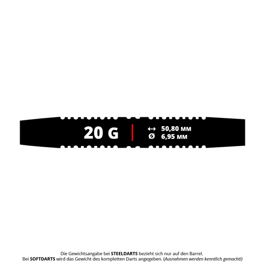 Měkké šipky Winmau Galactics - 20g Das Bild zeigt die Maße und das Gewicht der Winmau Galactics Softdarts mit 20 Gramm. Der Barrel ist 50,80 mm lang und hat einen Durchmesser von 6,95 mm.