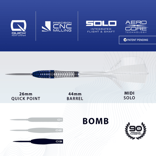 Lotki stalowe Harrows GEO Bomb Quick Point Harrows GEO Bomb Quick Point Steeldarts werden dargestellt. Das Bild zeigt Design und Details dieses Dartprodukts.