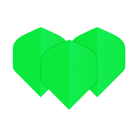 Nylonové tkaninové letky N5 - Standardní - Neonovo zelené Das Bild zeigt drei neongrüne Nylon-Stoff Flights in der Form N5. Sie sind nebeneinander angeordnet und leuchten auffällig.