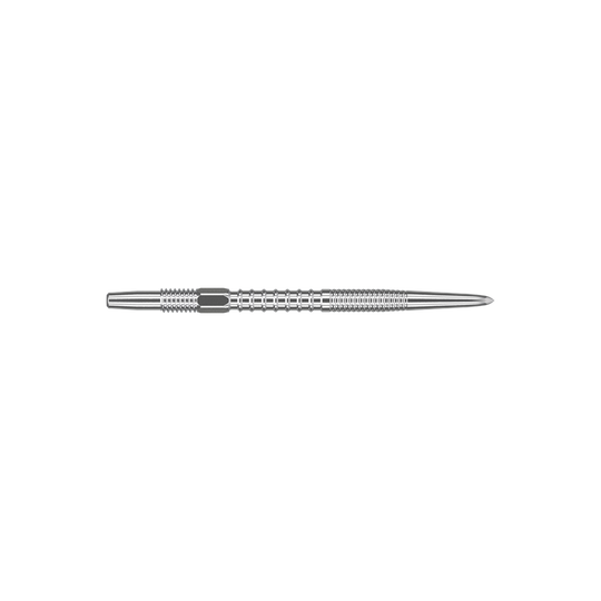 Puntas de dardo Target Swiss Firepoint Silver Das Bild zeigt eine silberne Dartspitze mit feinen Rillen. Sie ist lang, schlank und aus Metall gefertigt.