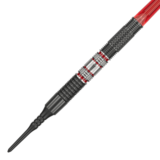 Target Gabriel Clemens 95K Softdarts - 19g Das Bild zeigt einen Target Gabriel Clemens 95K Softdart mit einem Gewicht von 19 Gramm. Der Dart hat ein auffälliges Design mit silbernen, schwarzen und roten Elementen.