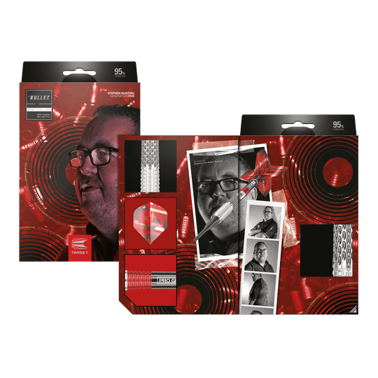 Měkké šipky Target Stephen Bunting GEN5 - 18g Auf dem Bild ist die Verpackung der "Target Stephen Bunting GEN5 Softdarts - 18g" zu sehen. Die Verpackung zeigt ein Porträt von Stephen Bunting und mehrere Produktdetails vor einem roten, auffälligen Hintergrund.