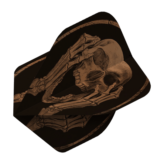 ALC19_Alchemy_The_Scream_Standard_Flights_2 Das Bild zeigt das Produkt "Alchemy The Scream No2 Standard Flights" mit einem Skelettmotiv. Die schwarzen Flights sind mit einem schreienden Totenkopf und Händen verziert.