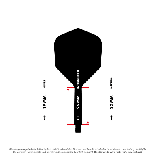 Système de vol Target K-Flex n° 6 - Blanc Das Bild zeigt eine Dart-Flightschafte mit Längenangaben in Millimetern. Es werden die drei Längen "Short" (19 mm), "Intermediate" (26 mm) und "Medium" (33 mm) dargestellt.