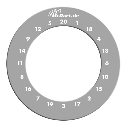 Das Bild zeigt einen grauen Dartboard-Surround-Ring mit weißen Zahlen von 1 bis 20. Oben steht die Aufschrift "McDart.de".