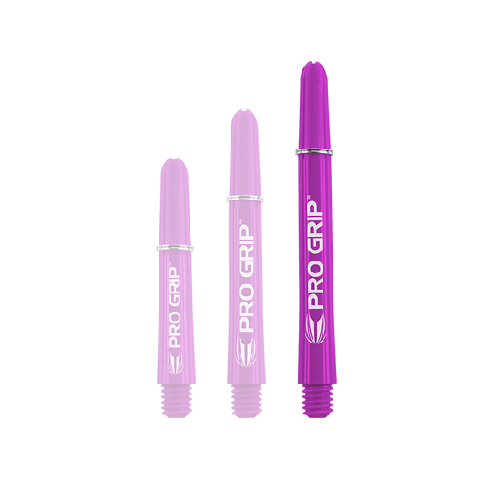 Target Pro Grip Shafts - 3 Sets - Purple Das Bild zeigt drei lilafarbene PRO GRIP Dartschäfte in unterschiedlichen Längen. Sie sind nebeneinander angeordnet und haben jeweils weiße Schrift und Markierungen.