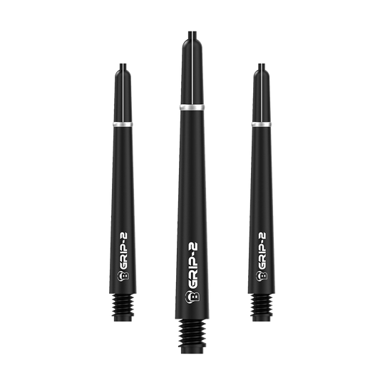 BS55051_Bulls_B-Grip-2_SL_Shafts_Schwarz_48mm_1 Auf dem Bild sind drei schwarze Bulls B-Grip-2 SL Shafts zu sehen. Die Dart-Schäfte haben ein schlichtes, modernes Design mit weißem Schriftzug.