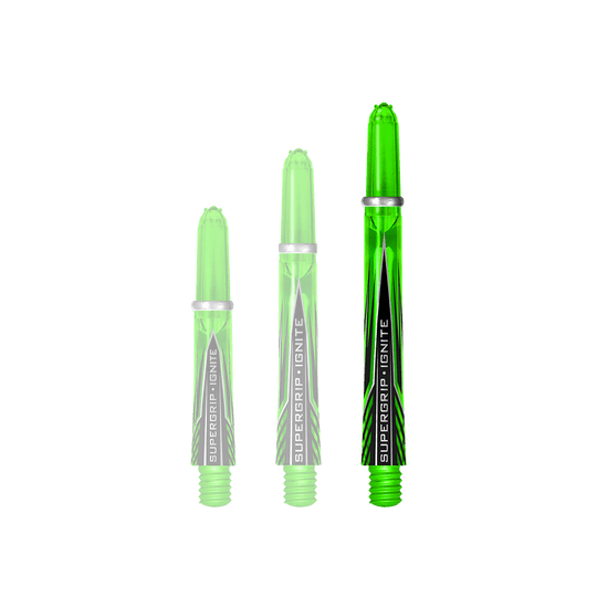Das Bild zeigt drei grüne Harrows Supergrip Ignite Shafts in verschiedenen Längen. Die Shafts haben ein modernes Design mit schwarzen und silbernen Akzenten.