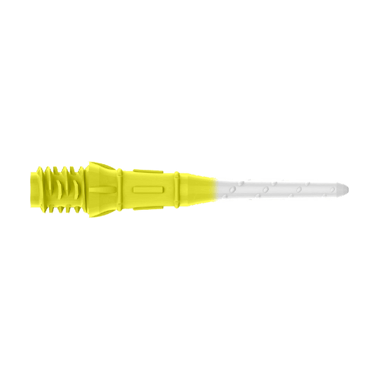 Labios de punta bicolor premium estilo L (paquete de 30) Das Bild zeigt eine zweifarbige Dartspitze mit gelbem und weißem Bereich. Der hintere Teil ist gelb, während die Spitze weiß ist.