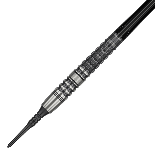 Dardos blandos Target Japan Black Marque Lumiere GEN3 - 18,5 g Das Bild zeigt einen Target Japan Black Marque Lumiere GEN3 Softdart mit einem Gewicht von 18,5g. Der Dart ist aus Metall gefertigt und besitzt ein detailliertes, strukturiertes Griffdesign.