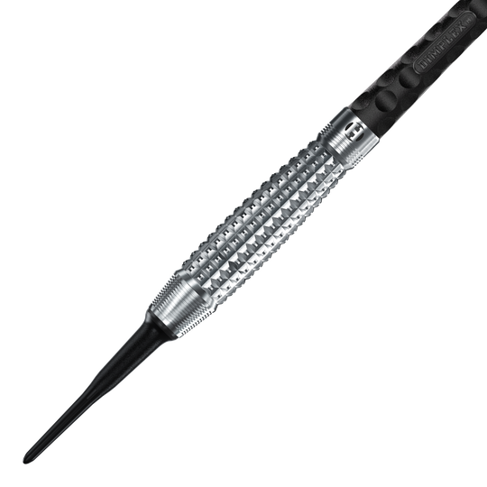 Freccette morbide Harrows Dimplex S3 Bomb Das Bild zeigt einen Harrows Dimplex S3 Bomb Softdart. Der Dartpfeil hat eine silberne, strukturierte Griffzone und eine schwarze Kunststoffspitze.