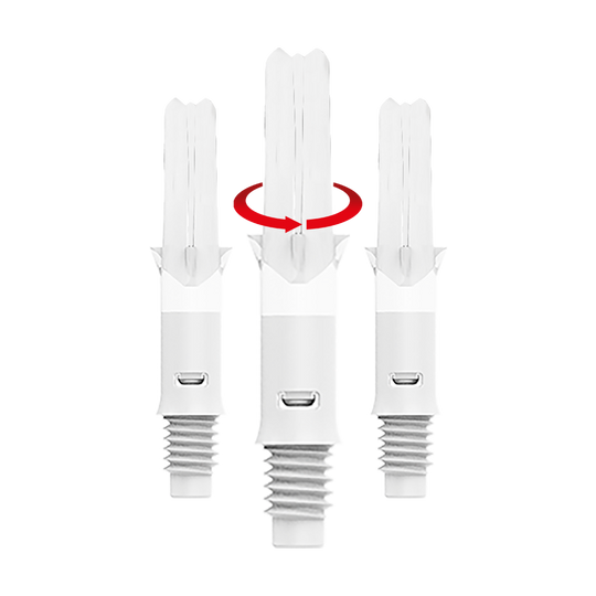 L-Style L-Shafts Silent Straight - Weiß 130 Das Bild zeigt drei weiße Dartschäfte, die senkrecht nebeneinander stehen. Über dem mittleren Schaft ist ein roter Pfeil, der eine Drehbewegung anzeigt.