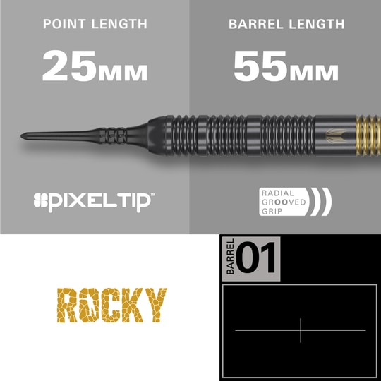 Šipky Target Josh Rock Brass měkké - 18g Das Bild zeigt den Target Josh Rock Brass Softdart mit einer Spitzenlänge von 25 mm und einer Barrellänge von 55 mm. Der Dart hat eine Pixelspitze und einen radialen Rillengriff.
