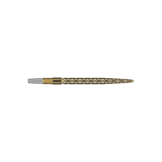 Puntas de dardos Target Swiss Diamond Pro Gold Das Bild zeigt eine goldene Dartspitze mit einem filigranen, rautenförmigen Muster. Die Spitze hat einen silbernen Ansatz und ist insgesamt schlank und länglich geformt.