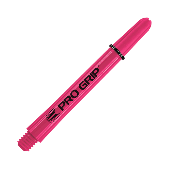 Tiges Target Pro Grip - 3 jeux - Rose Das Bild zeigt einen pinken Pro Grip Dartshaft. Auf dem Schaft steht in schwarzer Schrift „PRO GRIP“.