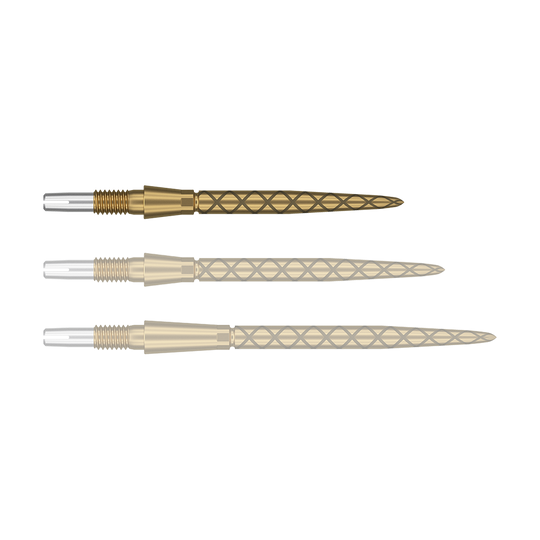 Target Swiss Storm Diamond Point Dart Tips - Gold Das Bild zeigt drei goldene Dartspitzen mit einem rautenförmigen Muster. Die Spitzen sind nebeneinander angeordnet und haben silberne Enden zum Befestigen.