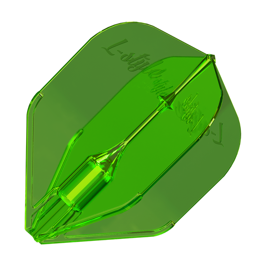 Plumas L-Style Fantom L3EZ Verde Das Bild zeigt ein grünes L-Style Fantom L3EZ Dart-Flight. Es hat eine glänzende, transparente Oberfläche und eine stabile Form.