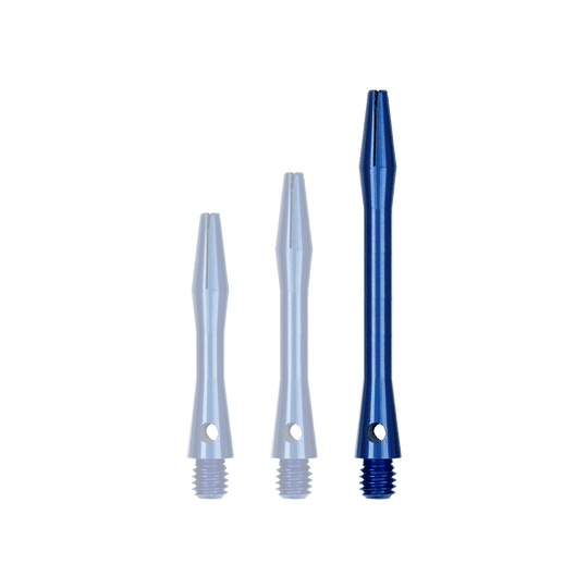 514_Aluminium_Shafts_Blau_46mm_1 Auf dem Bild sind drei blaue Aluminium-Schäfte in unterschiedlichen Längen zu sehen. Sie haben ein Gewinde am unteren Ende und sind jeweils mit einem Loch versehen.
