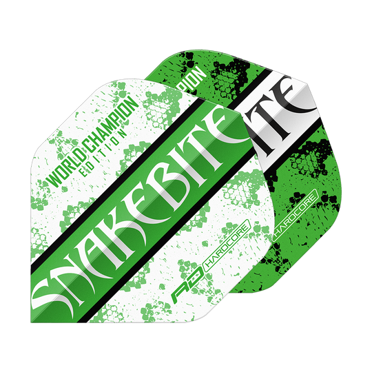Červený drak Peter Wright Uštknutí hadem Zelená Bílá Jin Jang Standardní lety Das Bild zeigt zwei Dart-Flights in grün-weißem Design mit der Aufschrift "SNAKEBITE". Auf einem Flight steht zusätzlich "WORLD CHAMPION EDITION" und beide haben ein Schlangenhaut-Muster.