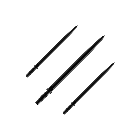 Pointes de fléchettes convertibles Bulls NL - Lisses - Noires Das Bild zeigt einen Artikel mit dem Namen BU57701_BullsNL_Convertible_Points_Smooth_Schwarz_36mm_1Set. Vermutlich handelt es sich um einen Satz schwarzer, glatter Dartspitzen mit einer Länge von 36 mm.