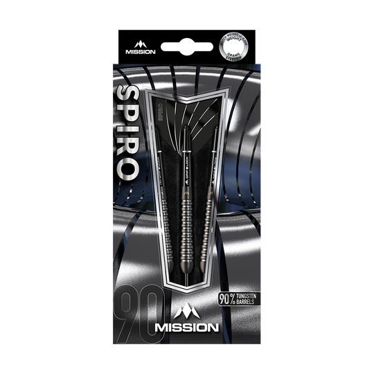 Lotki stalowe Mission Spiro Model 2 - 22g Das Bild zeigt eine Verpackung der Mission Spiro Model 2 Steeldarts mit einem Gewicht von 22 Gramm. Die Pfeile bestehen zu 90 % aus Tungsten und sind elegant in einer silber-schwarzen Box präsentiert.