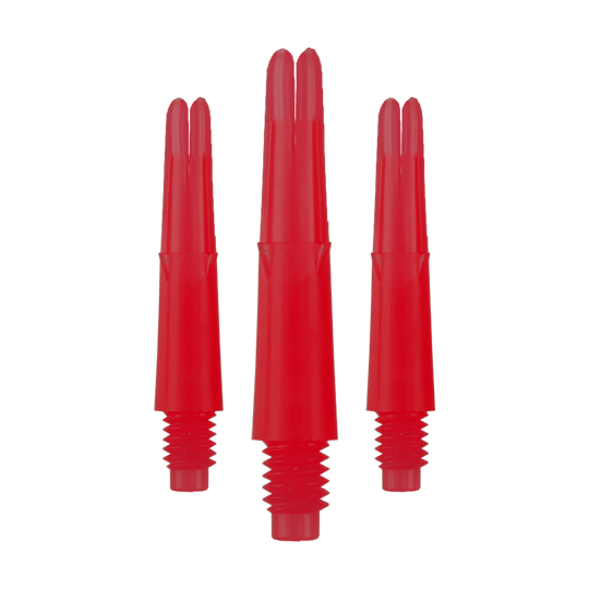 Das Bild zeigt drei rote, gerade Dartschäfte mit Gewinde unten. Sie sind ohne Kappen und haben eine Länge von 26 mm.