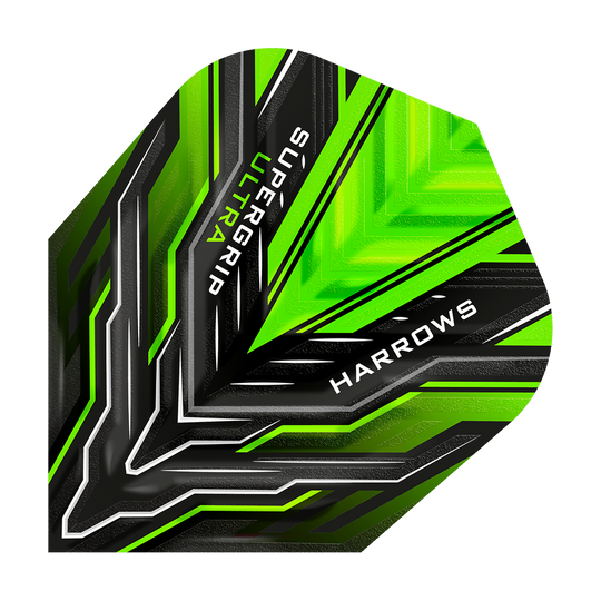 HR11_Harrows_Supergrip_Ultra_Green_Standard_Flights_1q2YYo4XWBmfJw Harrows Supergrip Ultra Standard Flights mit modernem Muster. Das Set ist fächerförmig ausgebreitet.