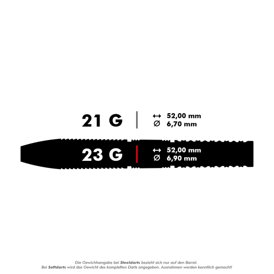 Target Gabriel Clemens GEN2 Swiss Point Steeldarts Das Bild zeigt die Spezifikationen von zwei Steeldarts mit 21 Gramm und 23 Gramm Gewicht. Beide Darts sind 52,00 mm lang, aber der Durchmesser beträgt 6,70 mm bzw. 6,90 mm.