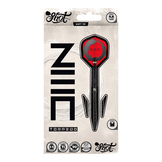 Shoty ZEN Torpedo Soft Darts - 20g Hier sieht man die Shot ZEN Torpedo Softdarts - 20g aus einer anderen Perspektive. Die Details des Dartpfeils sind deutlich erkennbar.
