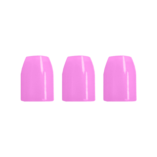 LSF8_L-Style_Champagne-Ringe_Pink_2 Das Bild zeigt drei nebeneinander stehende künstliche Fingernägel. Sie sind alle in einem glänzenden Pink lackiert.
