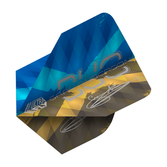 Letky Unicorn Ultrafly 100 Gary Anderson Duo Plus Das Bild zeigt ein Dartflight mit einem modernen Rautenmuster in Blau-, Gelb- und Brauntönen. Auf dem Flight stehen die Wörter "Gary Anderson Duo Plus" sowie eine Unterschrift.