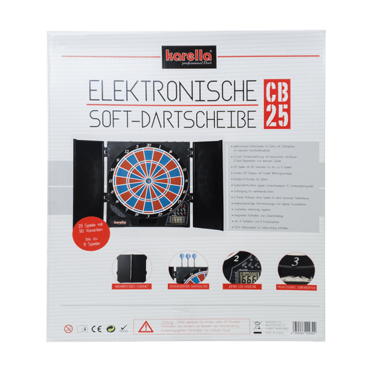 Turnajová verze elektronického terče CB 25 Die Abbildung zeigt die Verpackung der elektronischen Soft-Dartscheibe CB 25 von Karella. Auf der Vorderseite sind Produktmerkmale und Bilder der Dartscheibe mit Zubehör abgebildet.