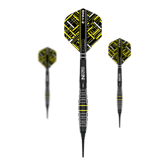 Red Dragon Astraeus Q4X Torpedo Softdarts - 20g Das Bild zeigt drei Softdarts des Modells "Red Dragon Astraeus Q4X Torpedo - 20g". Die Darts haben schwarze Schäfte mit gelben und weißen Akzenten und ein auffälliges Flight-Design.