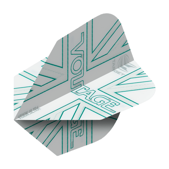 TG271_332850_Target_VisionUltra_Rob_Cross_Voltage_No6_Flights_2 Das Bild zeigt einen Target VisionUltra Rob Cross Voltage No6 Dartflug. Der Flug ist in den Farben Weiß und Grau gestaltet und trägt das Wort „VOLTAGE“ mit türkisfarbenen Linien.