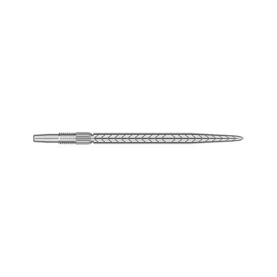 Target Swiss Point RVE Dartspitzen - Silber Dies ist eine silberne Dartspitze mit einem rautenförmigen Muster. Sie ist lang und schmal und misst 35 mm.