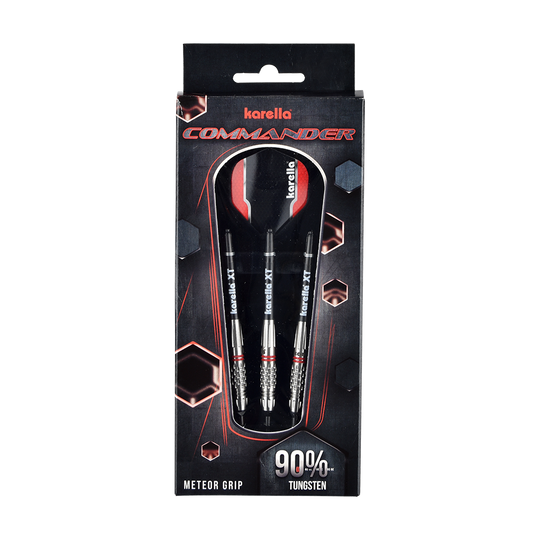 8307_Karella_Commander_Softdarts_3 Das Bild zeigt eine Packung mit Karella Commander Softdarts. Auf der Verpackung steht, dass die Darts zu 90% aus Tungsten bestehen und einen Meteor Grip haben.