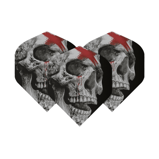 ALC20_Alchemy_Bring_Out_Your_Dead_Standard_Flights_10psixUi5yHPjx Das Bild zeigt drei Dartflights mit Totenkopf-Design. Jeder Totenkopf hat einen roten Strich und Blutflecken auf der Stirn.