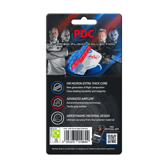 Kolekce Winmau PDC Prism Flight Das Bild zeigt die Verpackung der "Winmau PDC Prism Flight Collection" für Dartflights. Auf der Verpackung sind Produktmerkmale und Bilder von Dartspielern abgebildet.