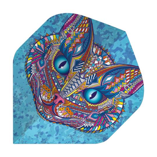 P76_Pentathlon_Metro_Ornate_Cat_Standard_Flights_1 Das Bild zeigt ein Dart-Flight mit einem bunten, verzierten Katzenkopf auf blauem Hintergrund. Das Design ist sehr detailreich und verwendet viele verschiedene Farben und Muster.