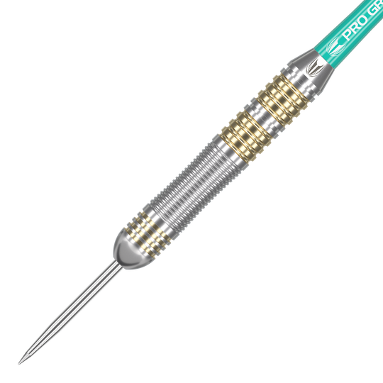 Target Rob Cross Brass Steeldarts - 22g Das Bild zeigt einen Target Rob Cross Brass Steeldart mit einem Gewicht von 22g. Der Dart ist silberfarben mit goldenen Ringen und hat eine spitze Metallspitze.